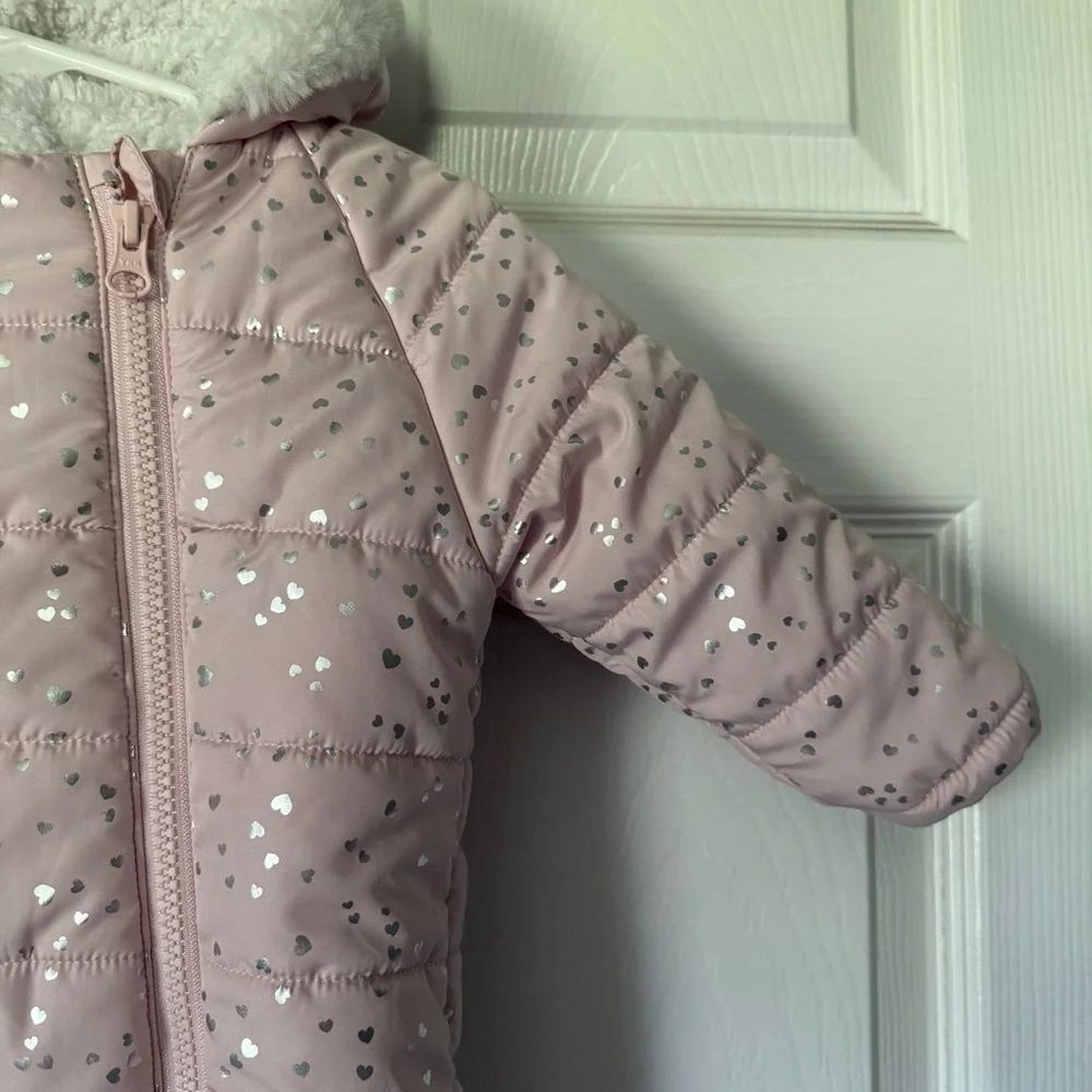 Dunnes Stores Baby Girls Pink Silver Heart Hooded Snowsuit 6–9M